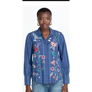 Johnny Was Workshop Blue Viola Nashville Top Shirt Button Up Embroidered L Large